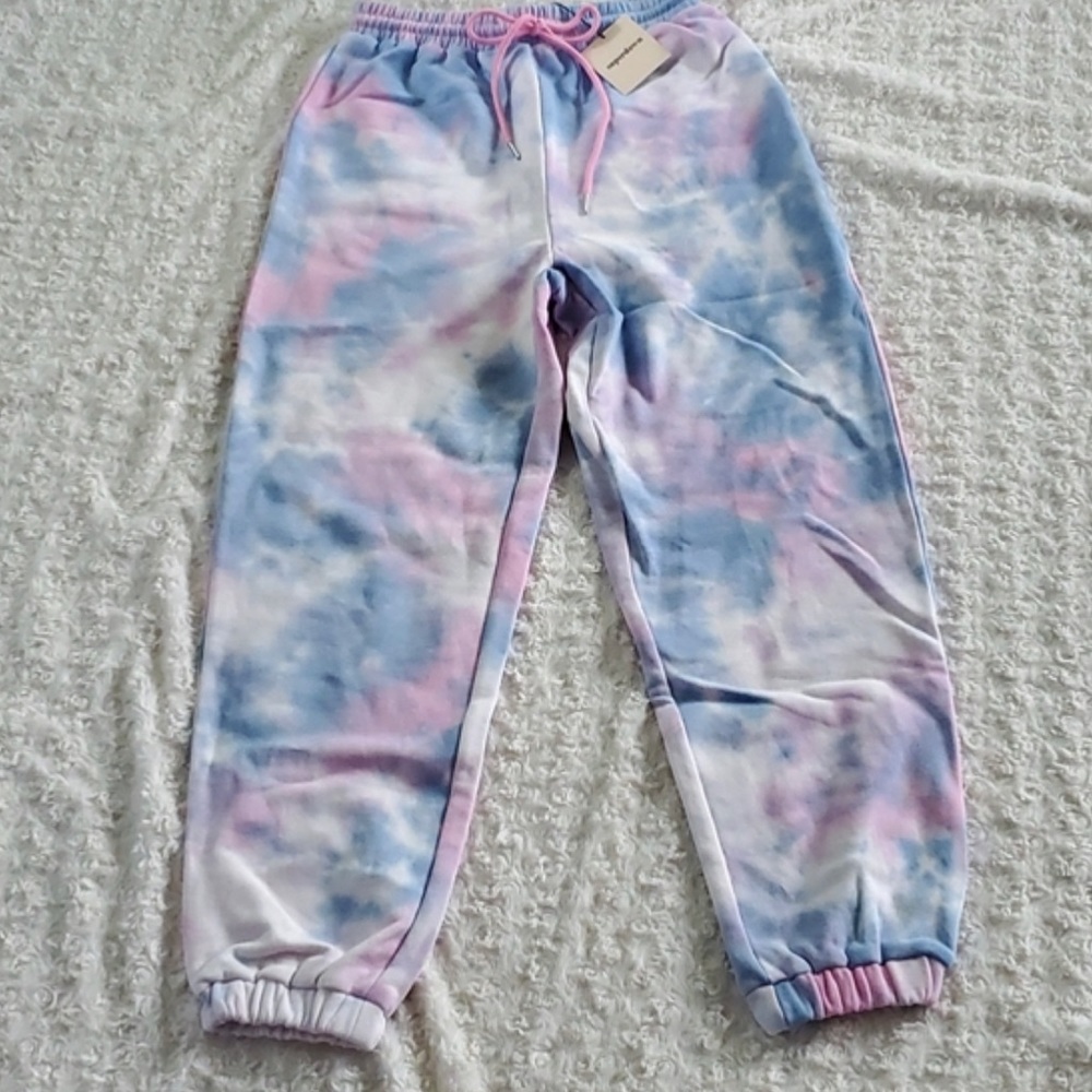 Superdown New Pink and Blue Loose Fit Tie Dye W/Metallic Threads Sweatpants